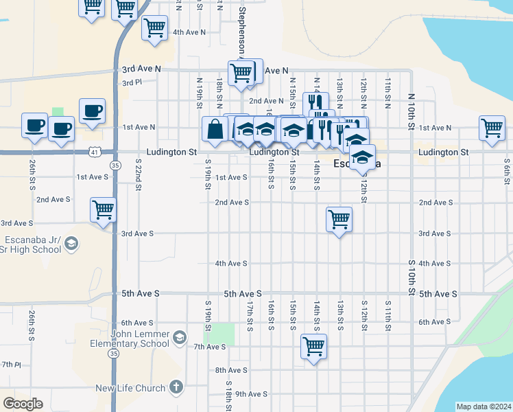 map of restaurants, bars, coffee shops, grocery stores, and more near 200-298 16th Street South in Escanaba