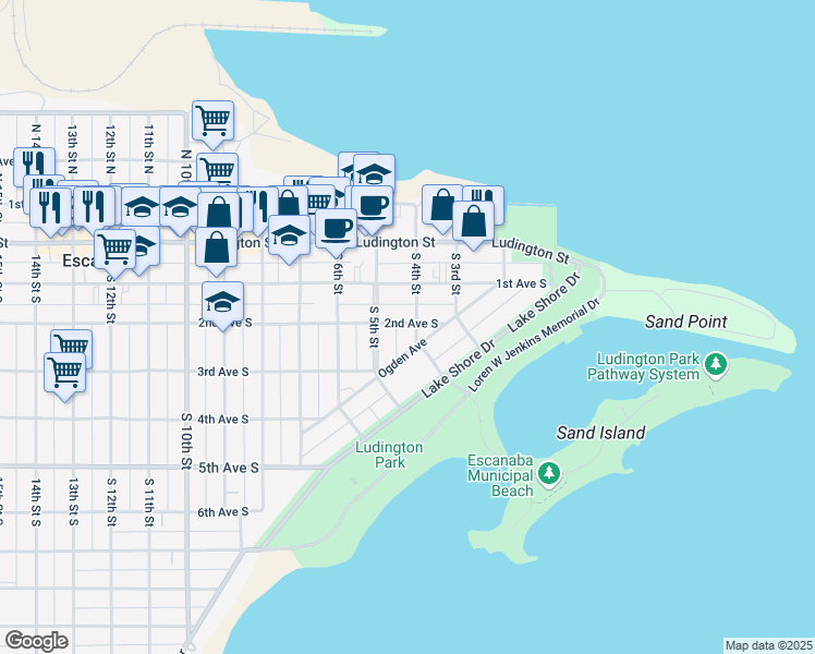 map of restaurants, bars, coffee shops, grocery stores, and more near 200-298 South 4th Street in Escanaba