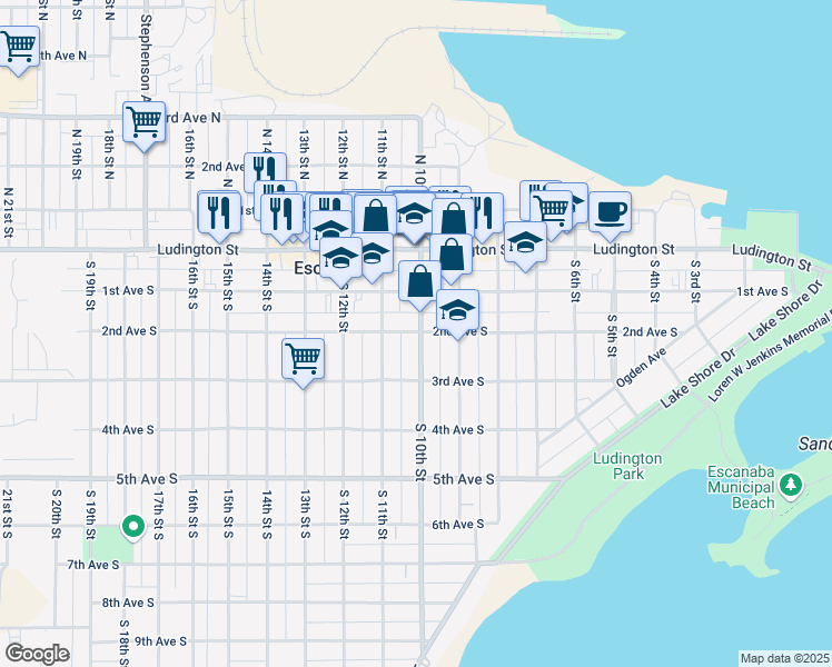 map of restaurants, bars, coffee shops, grocery stores, and more near 200-298 S 10th St in Escanaba