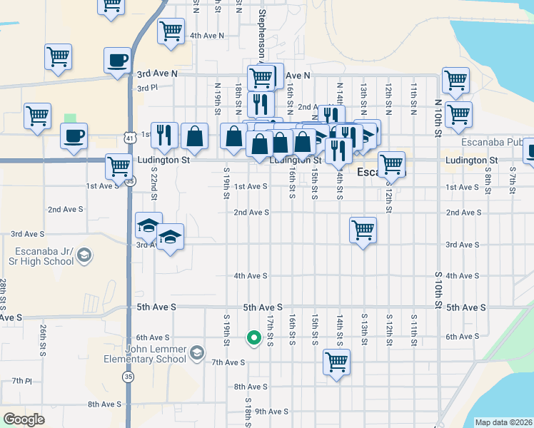 map of restaurants, bars, coffee shops, grocery stores, and more near 201-299 South 18th Street in Escanaba
