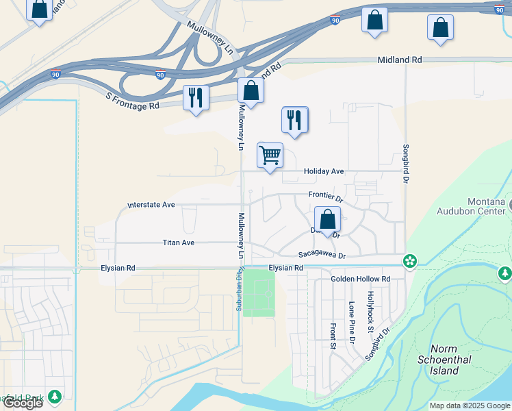 map of restaurants, bars, coffee shops, grocery stores, and more near 5527 Frontier Drive in Billings