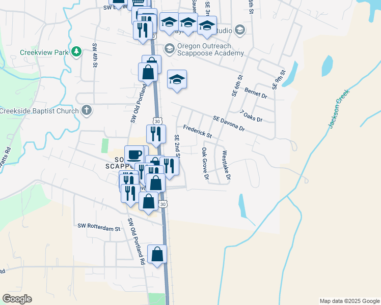 map of restaurants, bars, coffee shops, grocery stores, and more near 33800 Southeast Harder in Scappoose