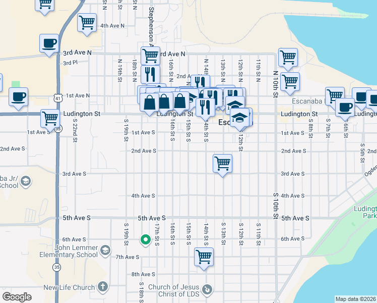 map of restaurants, bars, coffee shops, grocery stores, and more near 1498 2nd Avenue South in Escanaba