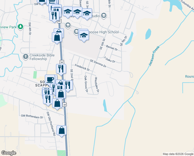 map of restaurants, bars, coffee shops, grocery stores, and more near 51550 Southeast 6th Street in Scappoose