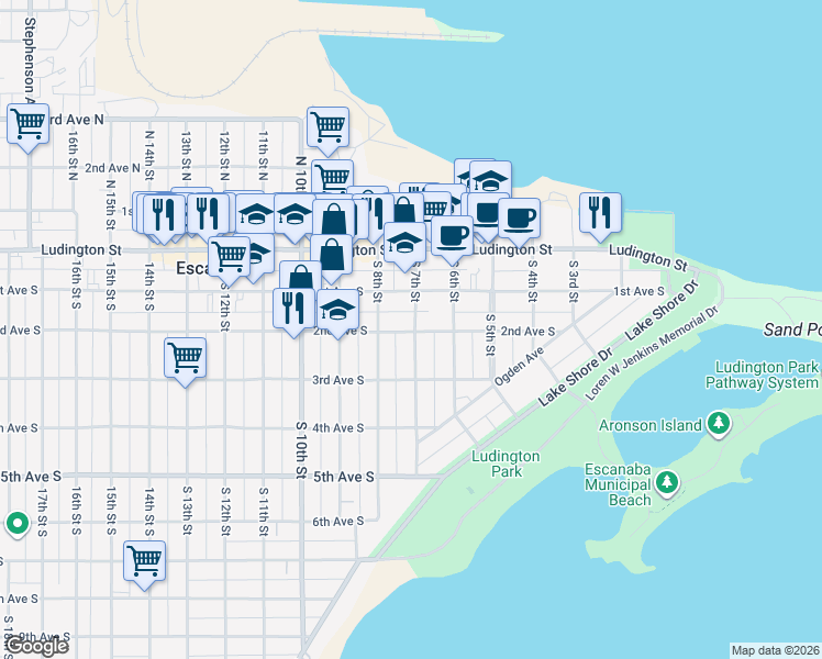 map of restaurants, bars, coffee shops, grocery stores, and more near 300 South 7th Street in Escanaba