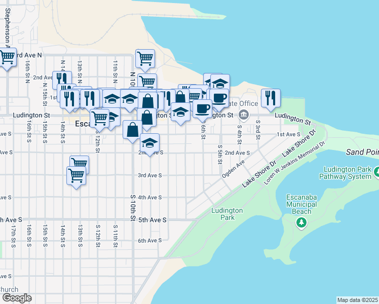 map of restaurants, bars, coffee shops, grocery stores, and more near 612 2nd Avenue South in Escanaba