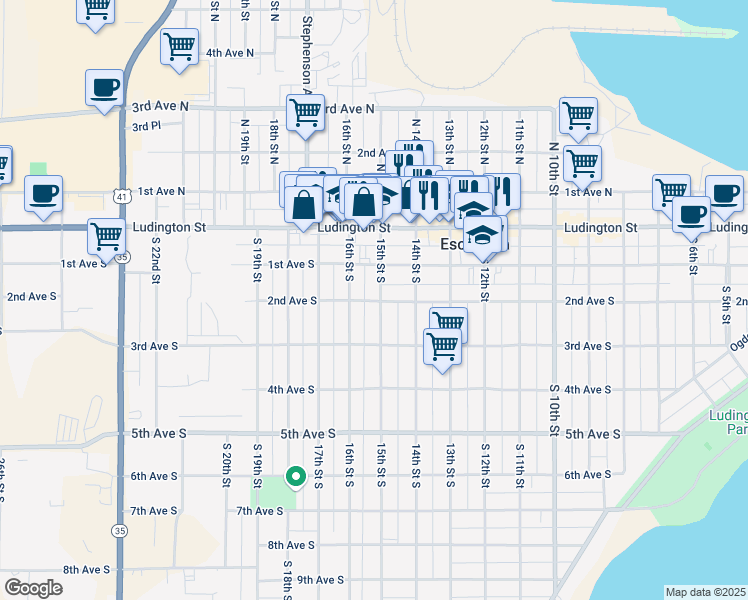 map of restaurants, bars, coffee shops, grocery stores, and more near 298 15th St S in Escanaba