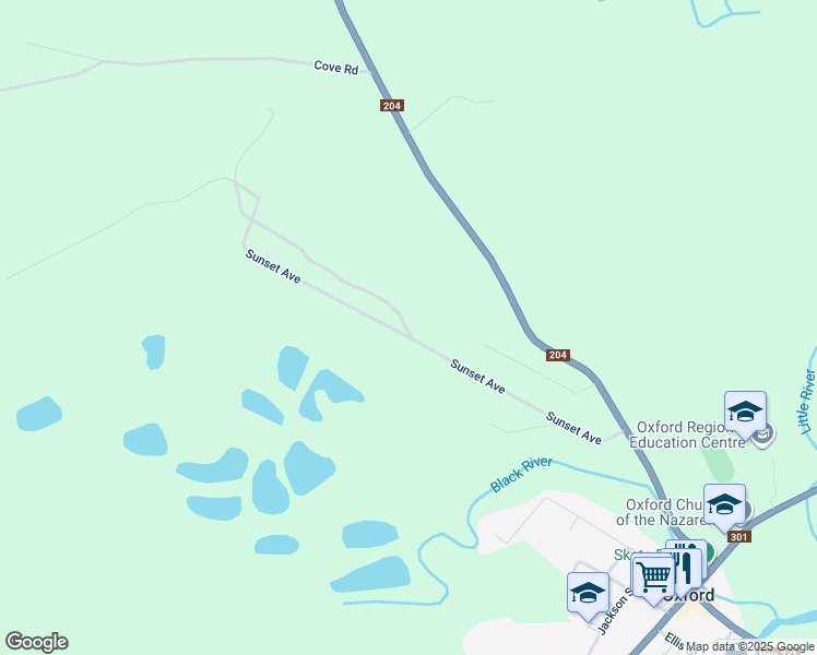 map of restaurants, bars, coffee shops, grocery stores, and more near Sunset Avenue in Oxford