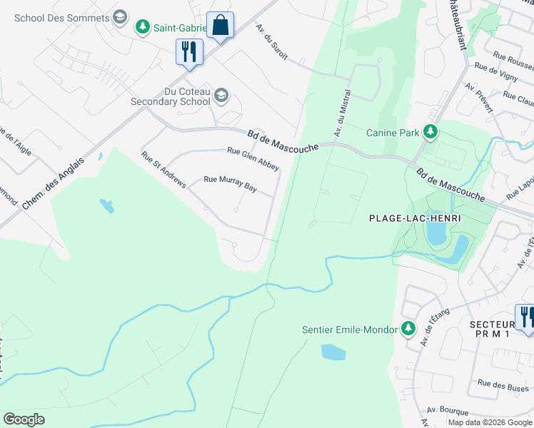 map of restaurants, bars, coffee shops, grocery stores, and more near 82 Rue Glasgow in Mascouche