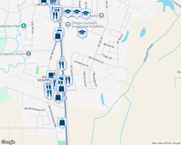 map of restaurants, bars, coffee shops, grocery stores, and more near 51550 Southeast 6th Street in Scappoose