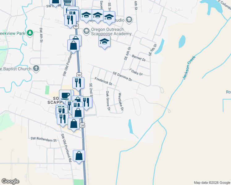 map of restaurants, bars, coffee shops, grocery stores, and more near 51550 Southeast 6th Street in Scappoose