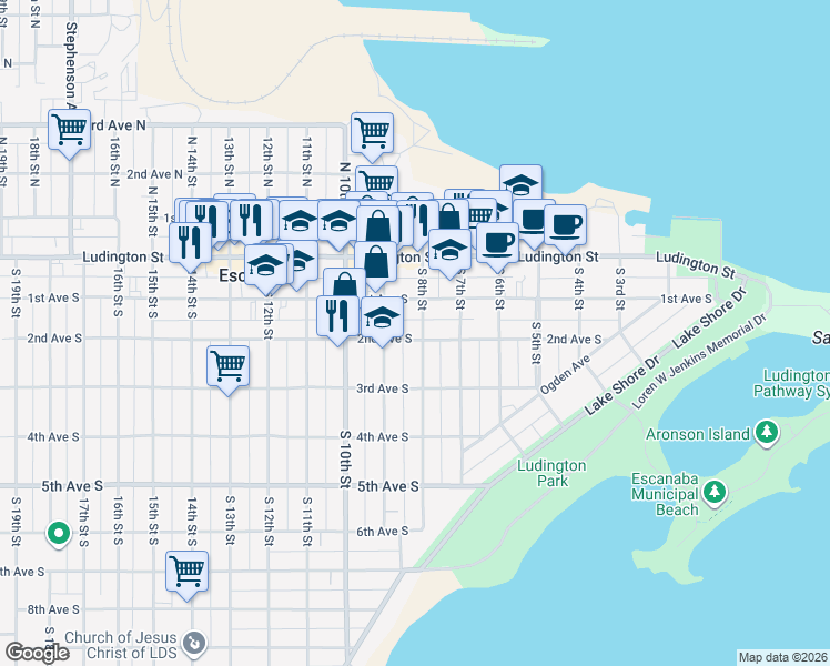 map of restaurants, bars, coffee shops, grocery stores, and more near 818 2nd Avenue South in Escanaba