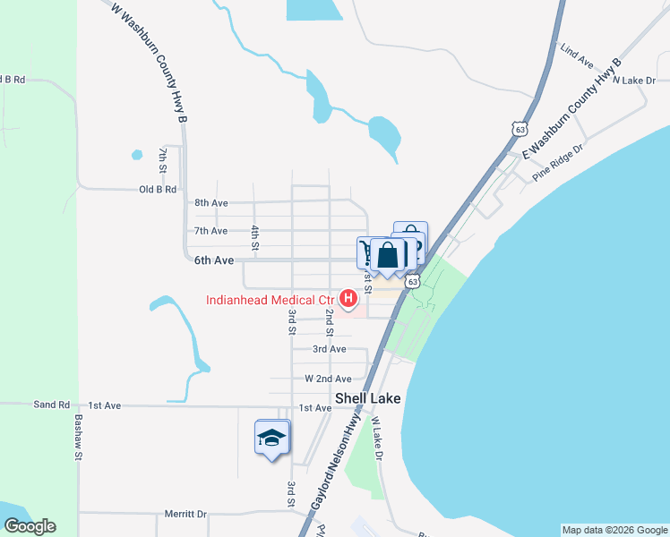 map of restaurants, bars, coffee shops, grocery stores, and more near 201 6th Avenue in Shell Lake