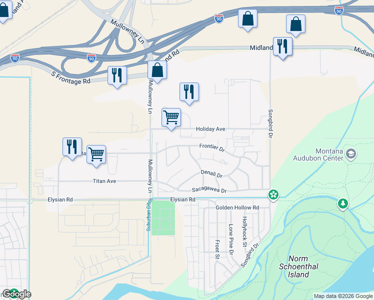 map of restaurants, bars, coffee shops, grocery stores, and more near 5511 Frontier Drive in Billings