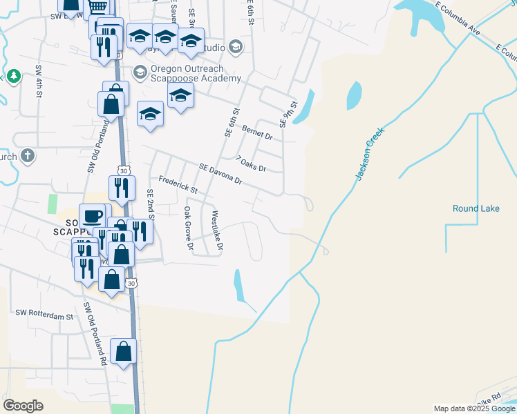 map of restaurants, bars, coffee shops, grocery stores, and more near 33963 Southeast Oakridge Drive in Scappoose