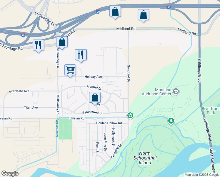 map of restaurants, bars, coffee shops, grocery stores, and more near 5315 Frontier Drive in Billings