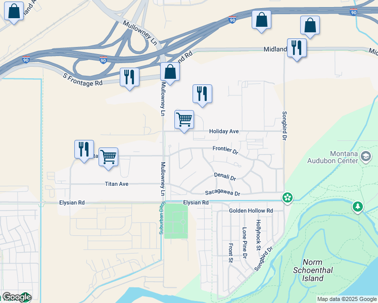 map of restaurants, bars, coffee shops, grocery stores, and more near 5511 Frontier Drive in Billings