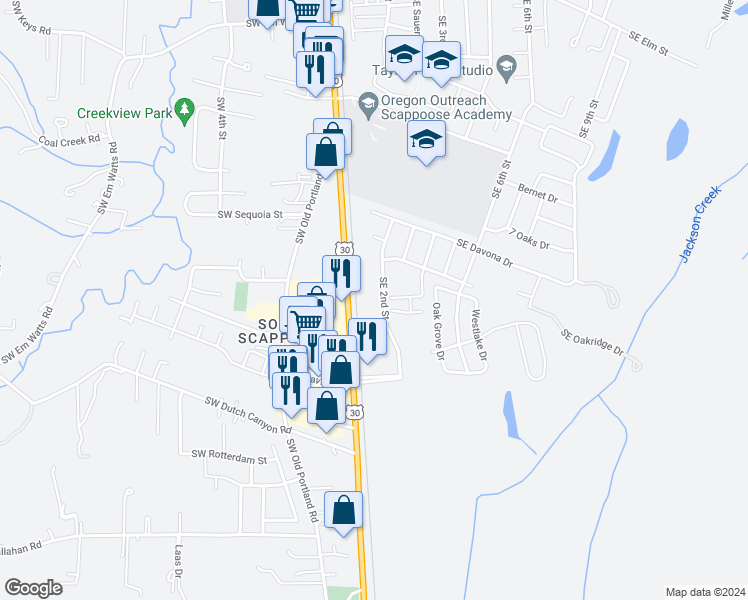 map of restaurants, bars, coffee shops, grocery stores, and more near 51539 Southeast 2nd Street in Scappoose