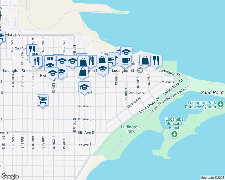 map of restaurants, bars, coffee shops, grocery stores, and more near 612 2nd Avenue South in Escanaba
