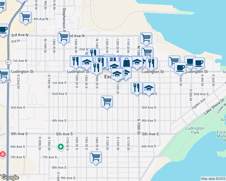 map of restaurants, bars, coffee shops, grocery stores, and more near 298 S 12th St in Escanaba