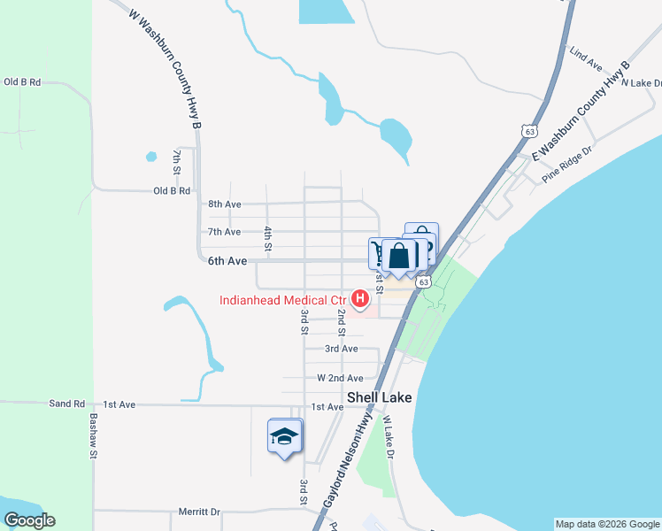 map of restaurants, bars, coffee shops, grocery stores, and more near 201 6th Avenue in Shell Lake