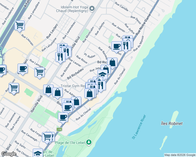 map of restaurants, bars, coffee shops, grocery stores, and more near 22 Jean-Paul-Riopelle in Repentigny