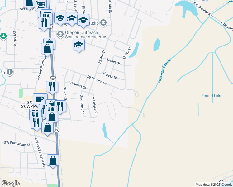map of restaurants, bars, coffee shops, grocery stores, and more near 33963 Southeast Oakridge Drive in Scappoose