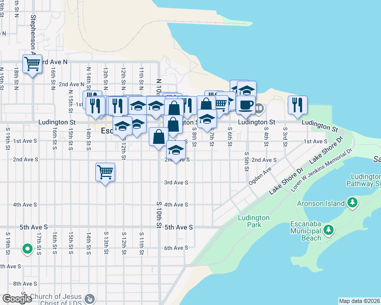 map of restaurants, bars, coffee shops, grocery stores, and more near 818 2nd Avenue South in Escanaba