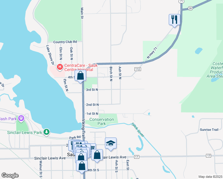 map of restaurants, bars, coffee shops, grocery stores, and more near 3rd Street North in Sauk Centre