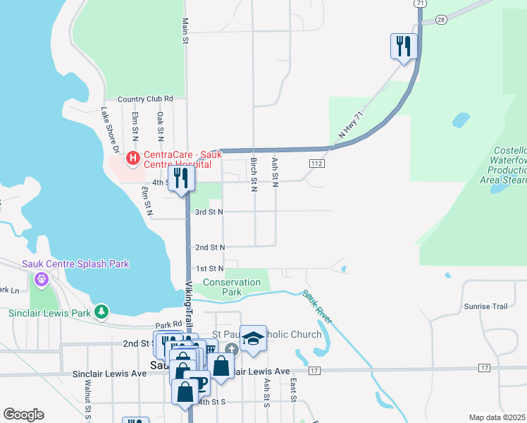 map of restaurants, bars, coffee shops, grocery stores, and more near 3rd Street North in Sauk Centre