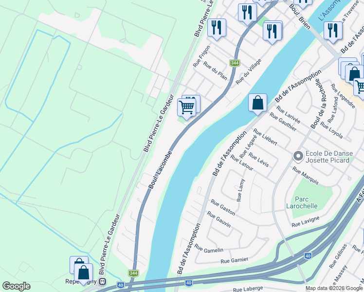 map of restaurants, bars, coffee shops, grocery stores, and more near 187 Boulevard Lacombe in Repentigny