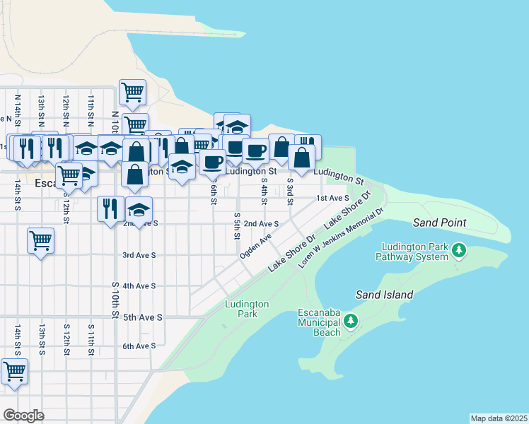 map of restaurants, bars, coffee shops, grocery stores, and more near 200 South 4th Street in Escanaba