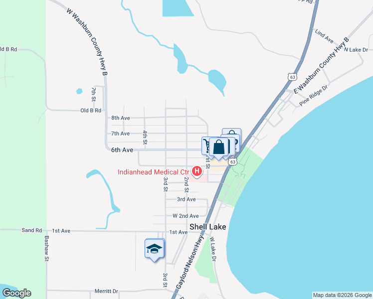 map of restaurants, bars, coffee shops, grocery stores, and more near 201 6th Ave in Shell Lake
