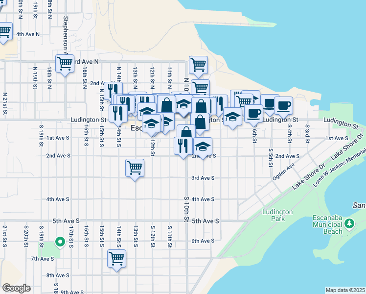 map of restaurants, bars, coffee shops, grocery stores, and more near 298 S 10th St in Escanaba