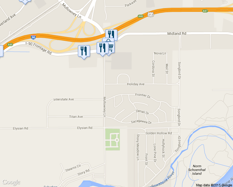 map of restaurants, bars, coffee shops, grocery stores, and more near 5527 Frontier Drive in Billings