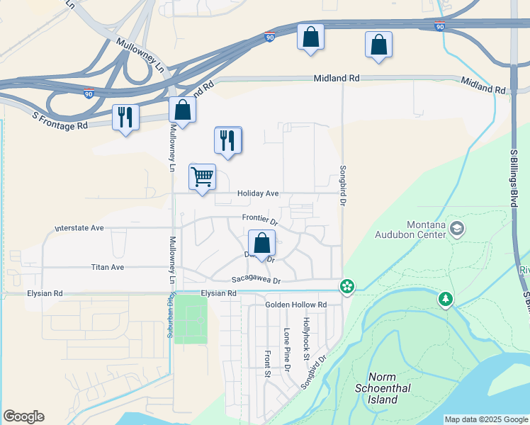 map of restaurants, bars, coffee shops, grocery stores, and more near 5329 Frontier Drive in Billings