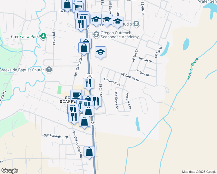 map of restaurants, bars, coffee shops, grocery stores, and more near 33800 Frederick Street in Scappoose