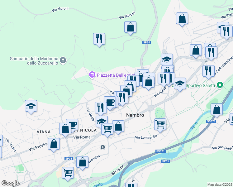 map of restaurants, bars, coffee shops, grocery stores, and more near 11 Via Sant'Jesus in Nembro