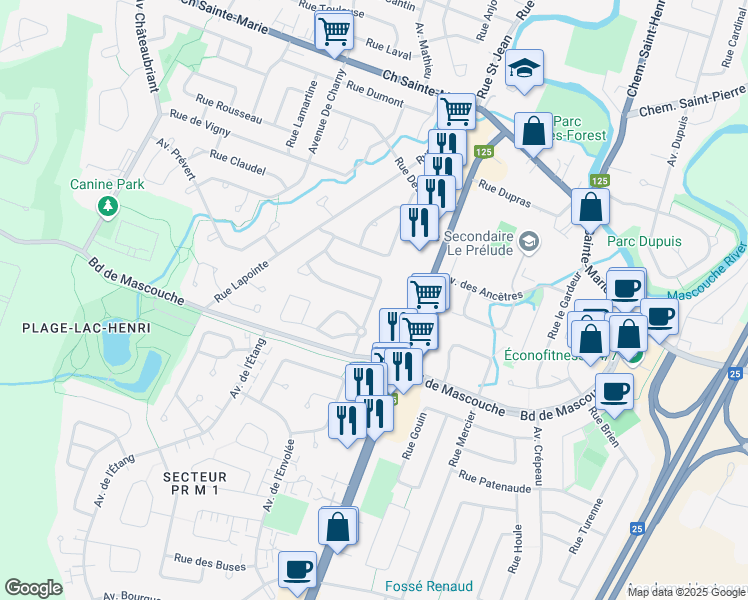 map of restaurants, bars, coffee shops, grocery stores, and more near Avenue de Maupassant in Mascouche