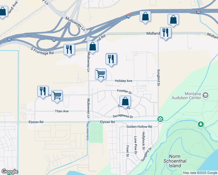 map of restaurants, bars, coffee shops, grocery stores, and more near 5511 Frontier Drive in Billings