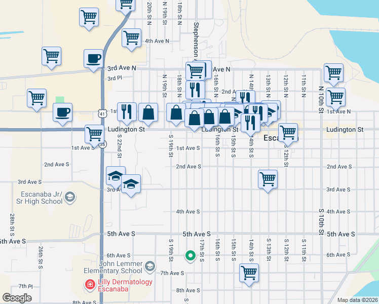map of restaurants, bars, coffee shops, grocery stores, and more near 201-299 South 18th Street in Escanaba