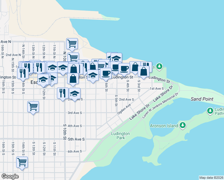 map of restaurants, bars, coffee shops, grocery stores, and more near 200-298 South 5th Street in Escanaba
