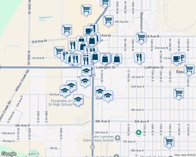map of restaurants, bars, coffee shops, grocery stores, and more near 224-226 S Lincoln Rd in Escanaba