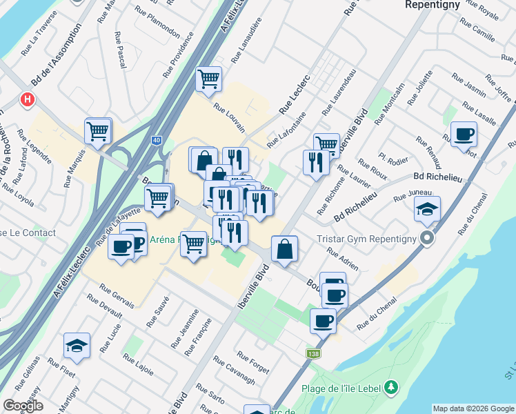 map of restaurants, bars, coffee shops, grocery stores, and more near 92 Rue Lapointe in Repentigny