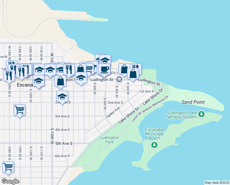 map of restaurants, bars, coffee shops, grocery stores, and more near 200-298 South 4th Street in Escanaba
