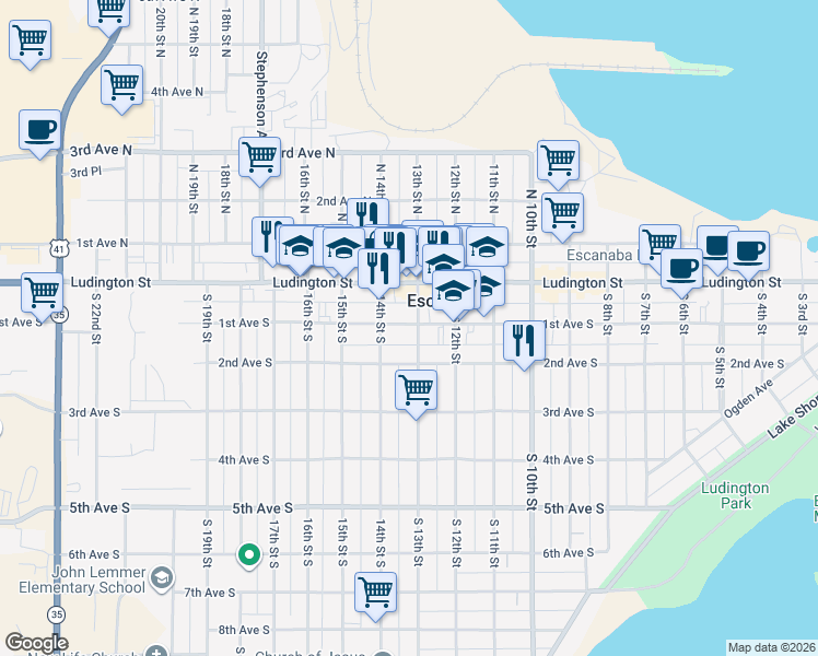 map of restaurants, bars, coffee shops, grocery stores, and more near 200-298 13th Street South in Escanaba