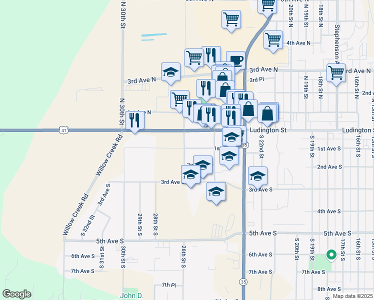 map of restaurants, bars, coffee shops, grocery stores, and more near 215 26th Street South in Escanaba