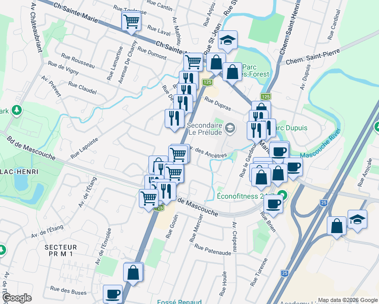 map of restaurants, bars, coffee shops, grocery stores, and more near 2850 Avenue des Ancêtres in Mascouche