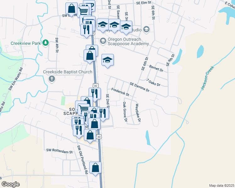 map of restaurants, bars, coffee shops, grocery stores, and more near 33800 Frederick Street in Scappoose