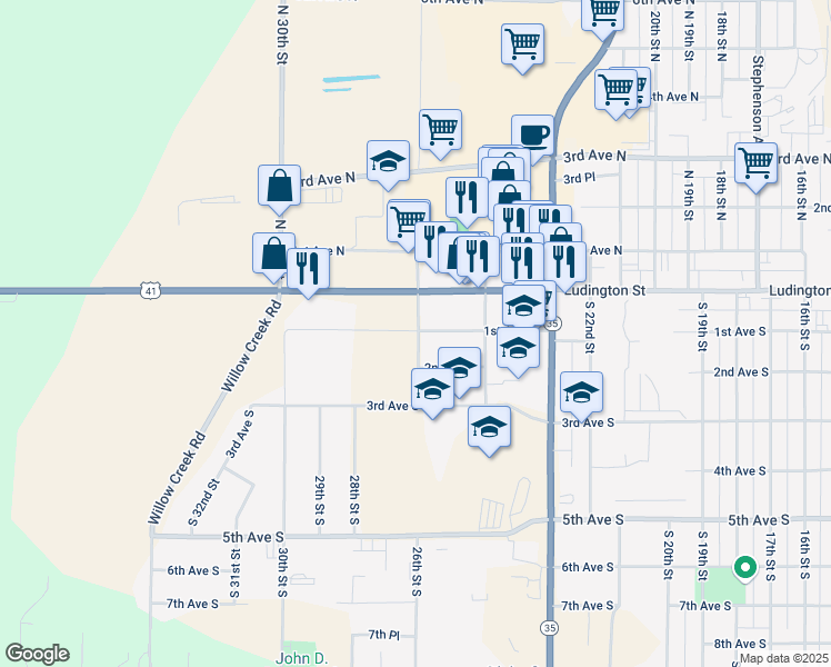 map of restaurants, bars, coffee shops, grocery stores, and more near 215 26th Street South in Escanaba